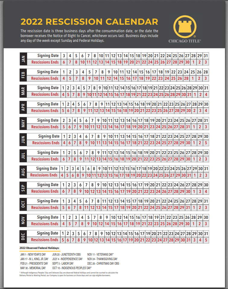 2022 Rescission Calendar Chicago Title Connection